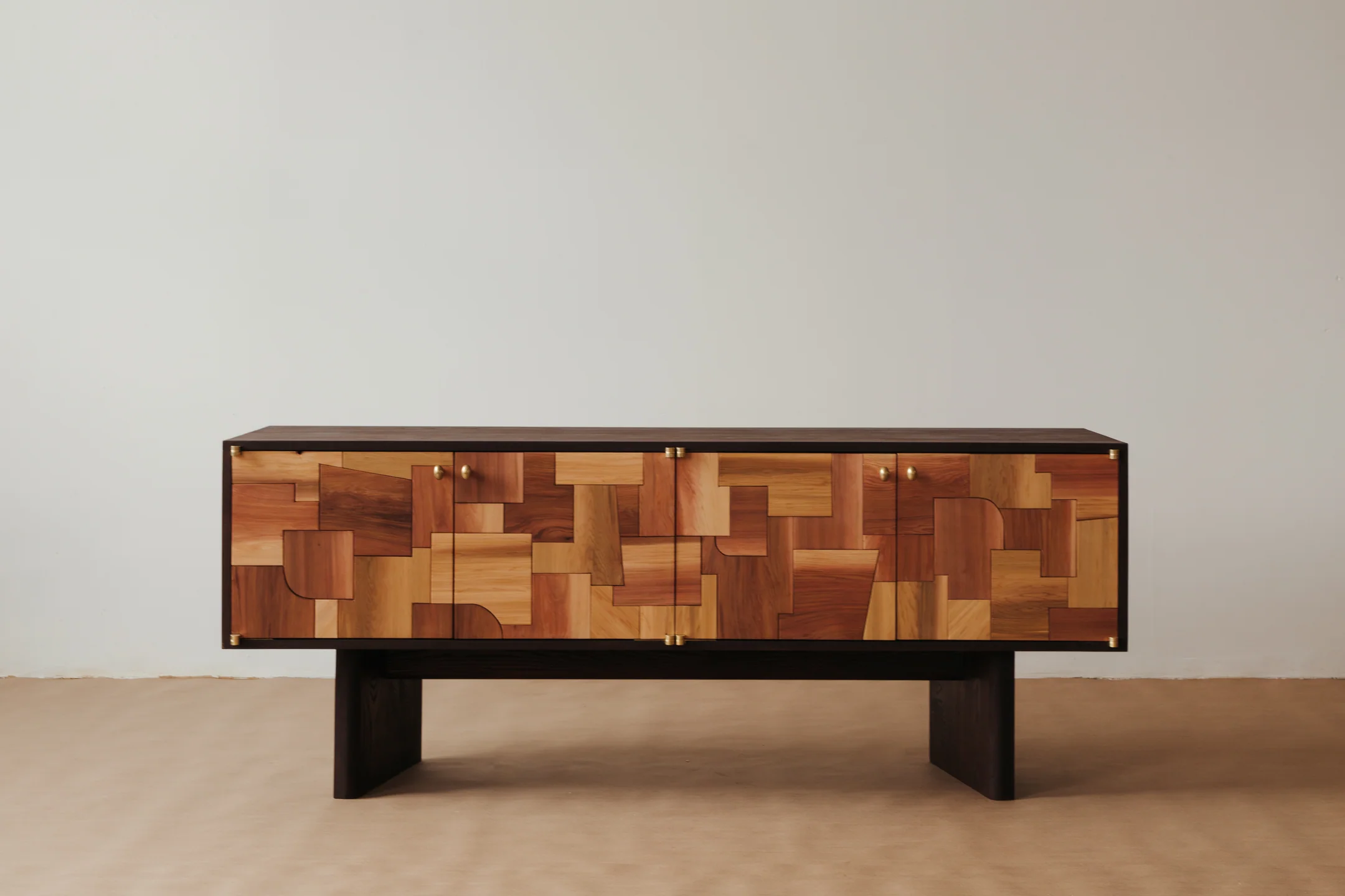 Mixed Wood Patchwork Cabinet Brass Hardware Dark Frame Storage Furniture