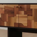 Mixed Wood Patchwork Cabinet Brass Hardware Dark Frame Storage Furniture