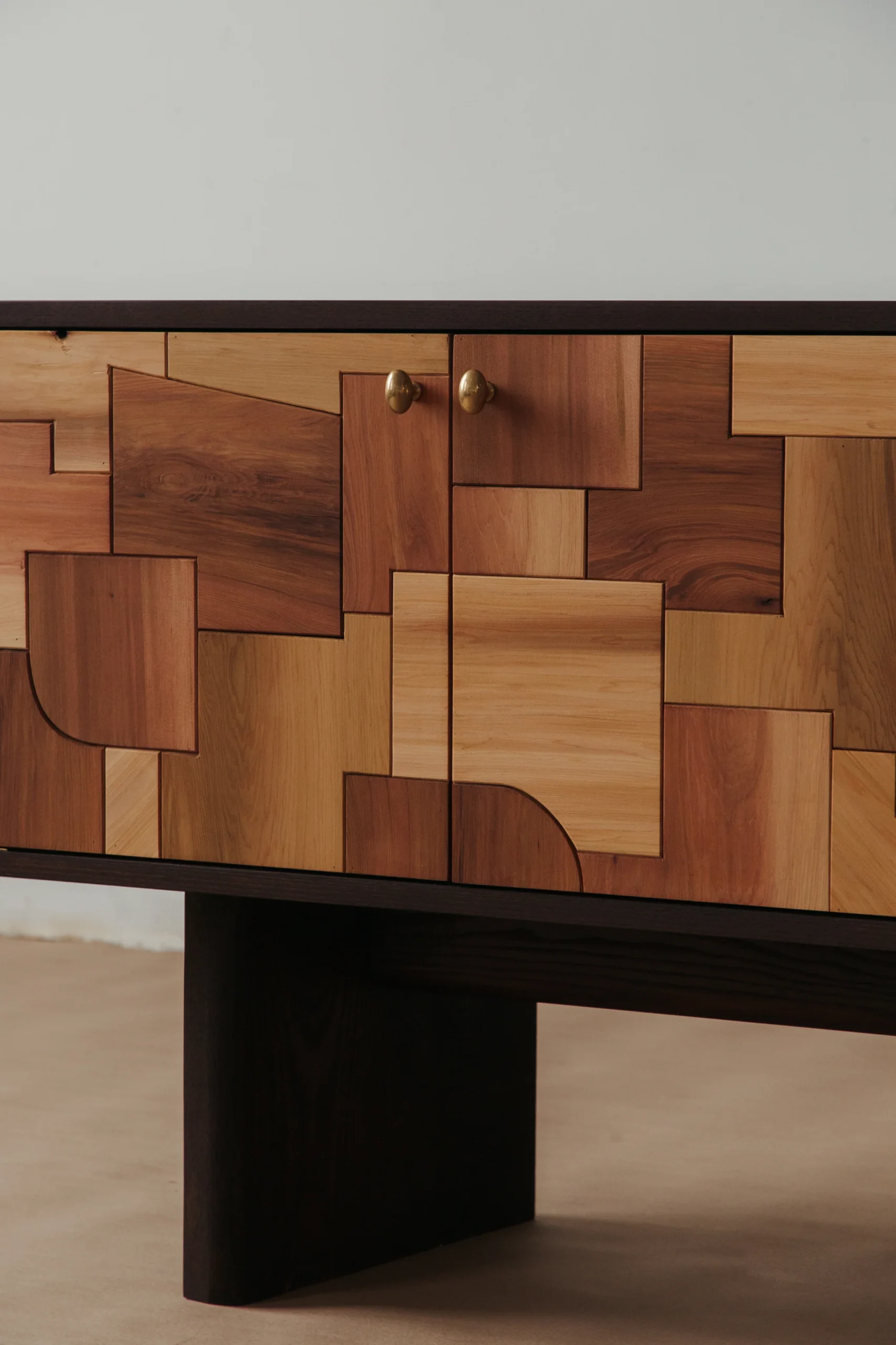 Mixed Wood Patchwork Cabinet Brass Hardware Dark Frame Storage Furniture