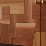 Mixed Wood Patchwork Cabinet Brass Hardware Dark Frame Storage Furniture