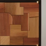 Mixed Wood Patchwork Cabinet Brass Hardware Dark Frame Storage Furniture