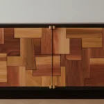 Mixed Wood Patchwork Cabinet Brass Hardware Dark Frame Storage Furniture