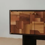 Mixed Wood Patchwork Cabinet Brass Hardware Dark Frame Storage Furniture