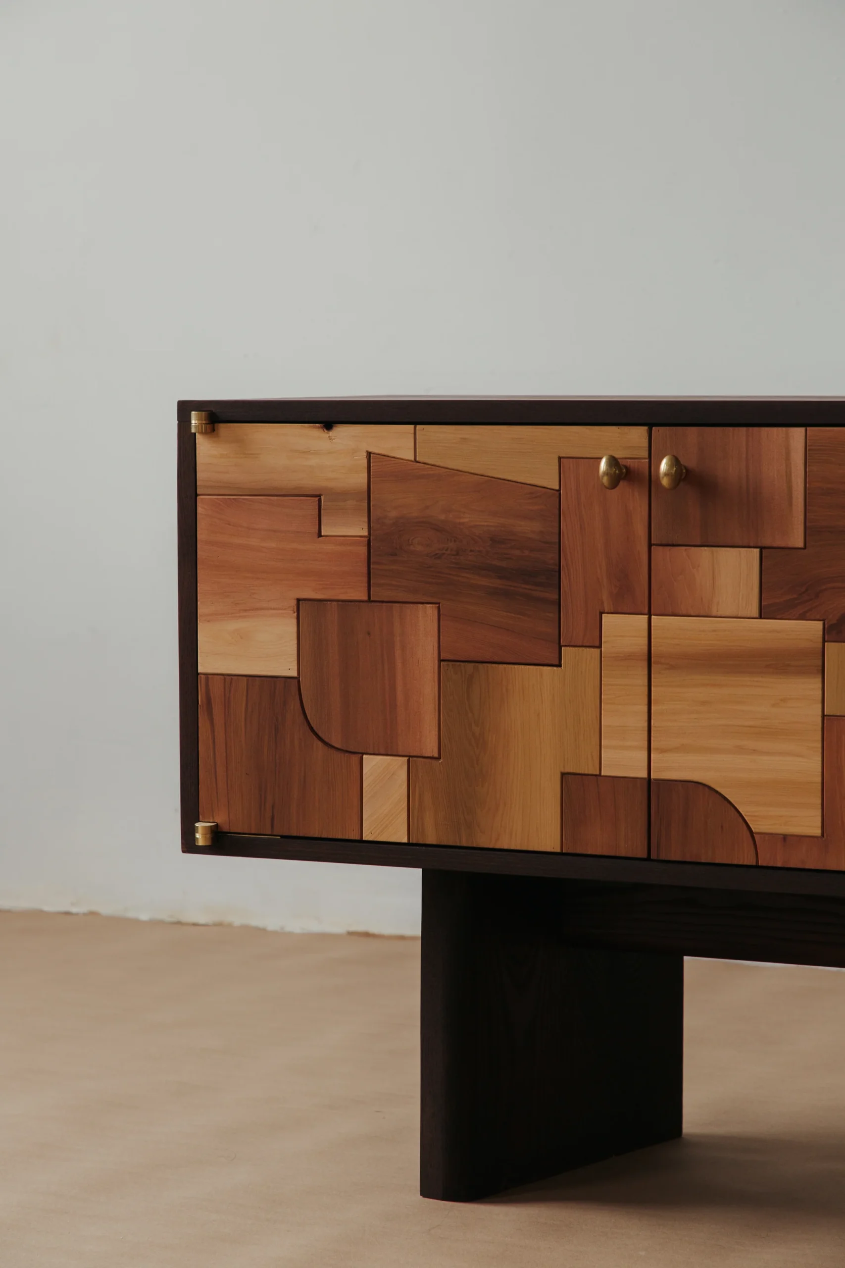 Mixed Wood Patchwork Cabinet Brass Hardware Dark Frame Storage Furniture