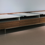 Walnut & Marble Top TV Console Open Shelves Drawers Stainless Steel Legs Modern Storage Unit