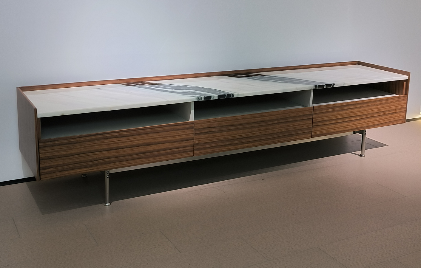 Walnut & Marble Top TV Console Open Shelves Drawers Stainless Steel Legs Modern Storage Unit