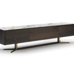 Dark Wood & Marble Top TV Console Brass X-Shaped Legs Modern Minimalist Storage Cabinet
