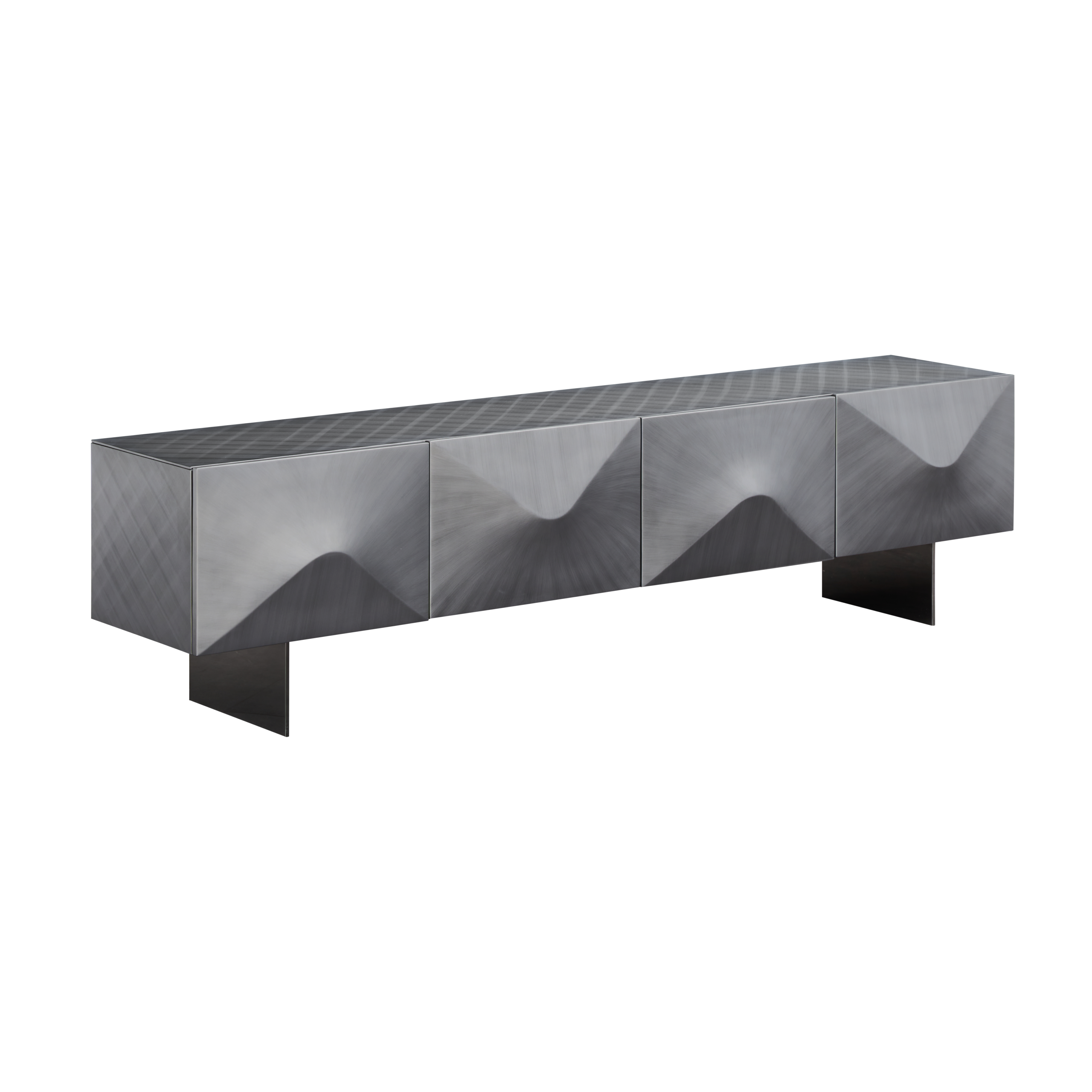 Brushed Metal TV Console Textured Top Wave-Panel Doors Geometric Base Modern Industrial Storage Unit