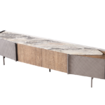 Marble-Top TV Console Oak Cabinets Textured Metal Panels Slim Legs Modern Luxury Storage Unit