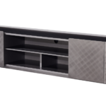 Textured Metal TV Console Slatted Doors Open Shelving Cable Management Modern Industrial Storage Unit