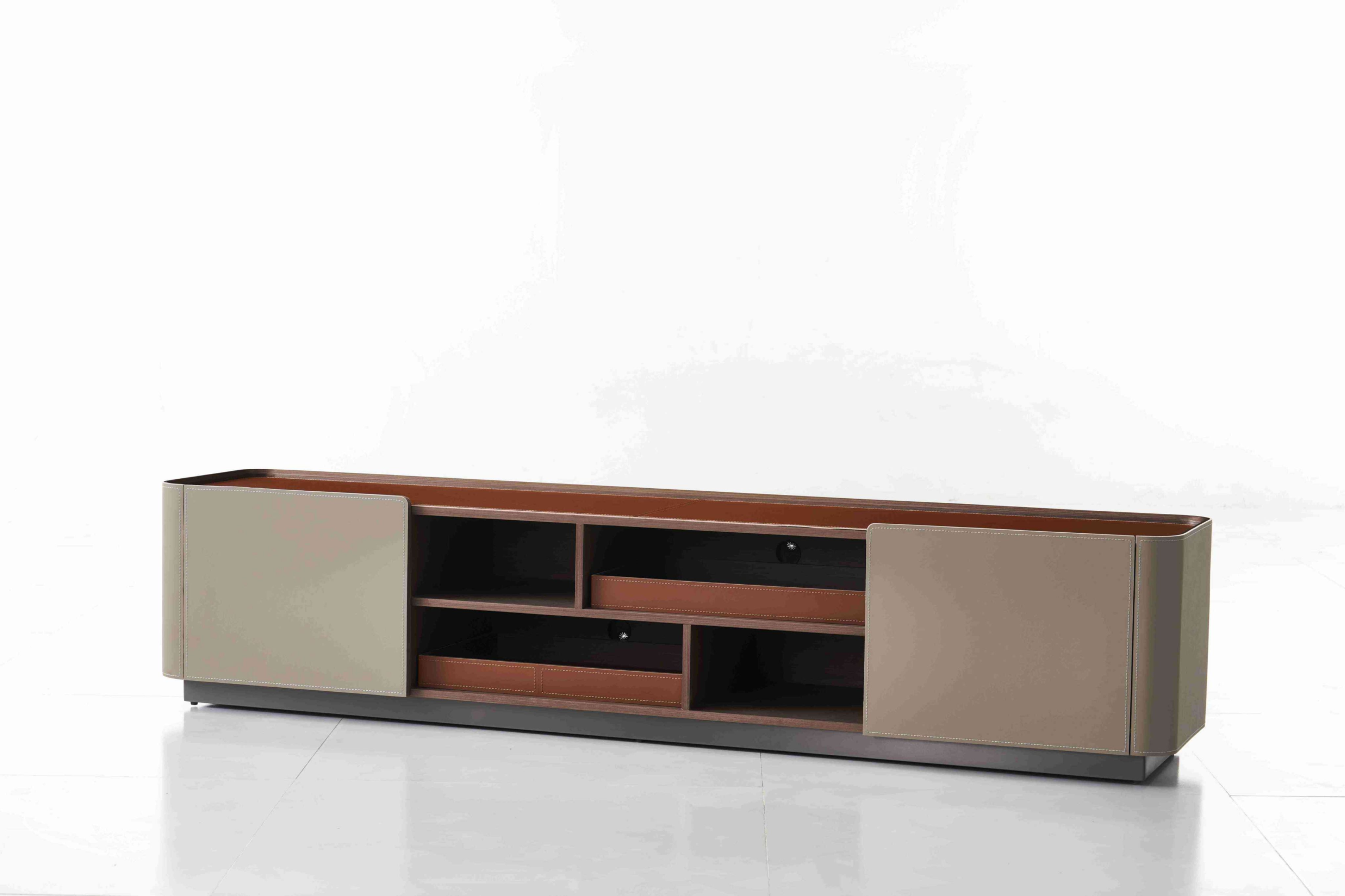 Leather-Wrapped TV Console Dual-Tone Storage Drawers Open Shelving Modern Luxe Media Unit