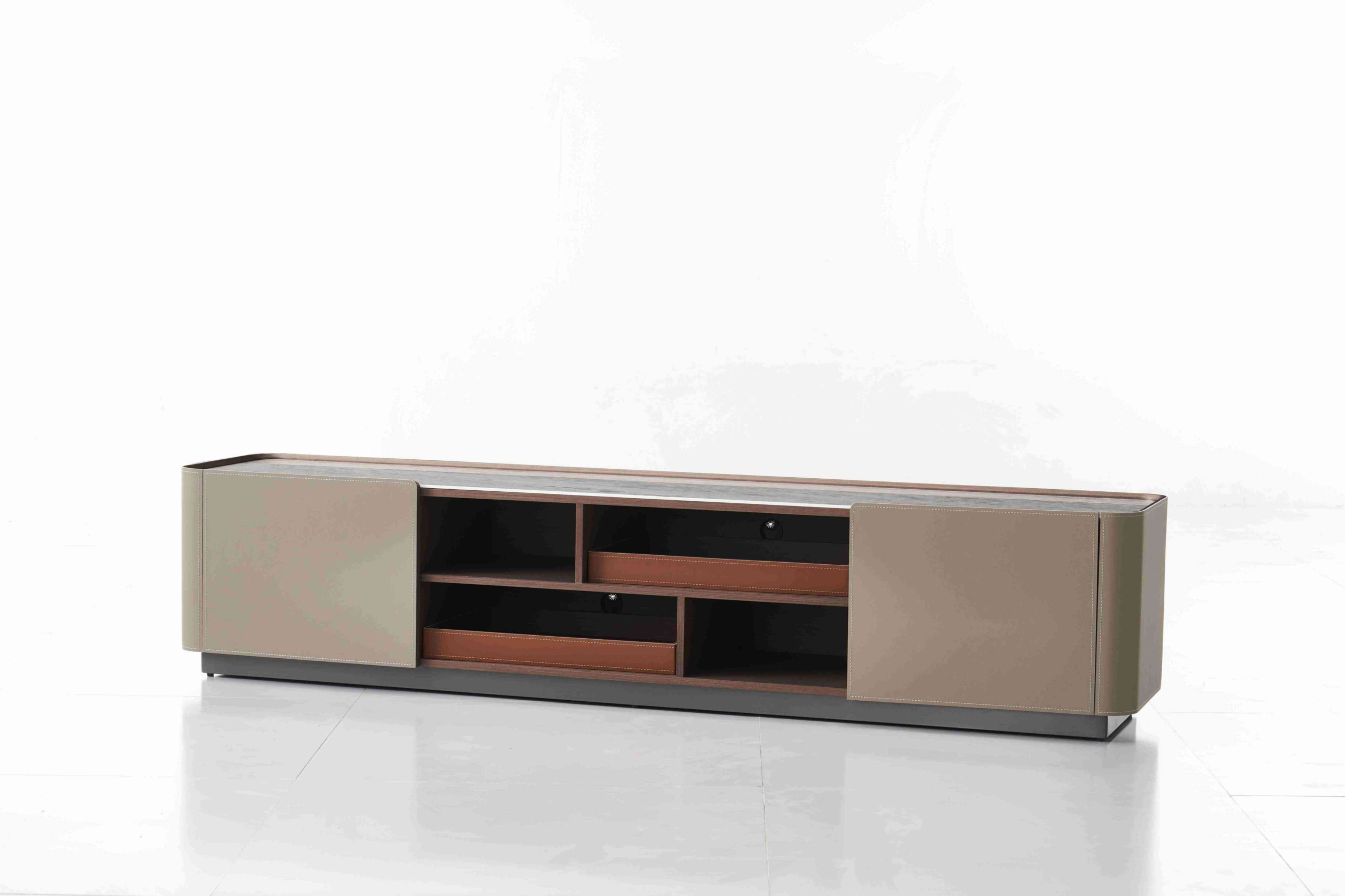 Dual-Tone Leather TV Console Drawer & Shelf Storage Modern Luxe Media Unit