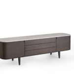 Light Marble Top Dark Wood TV Console Curved Design Black Legs Modern Storage Cabinet
