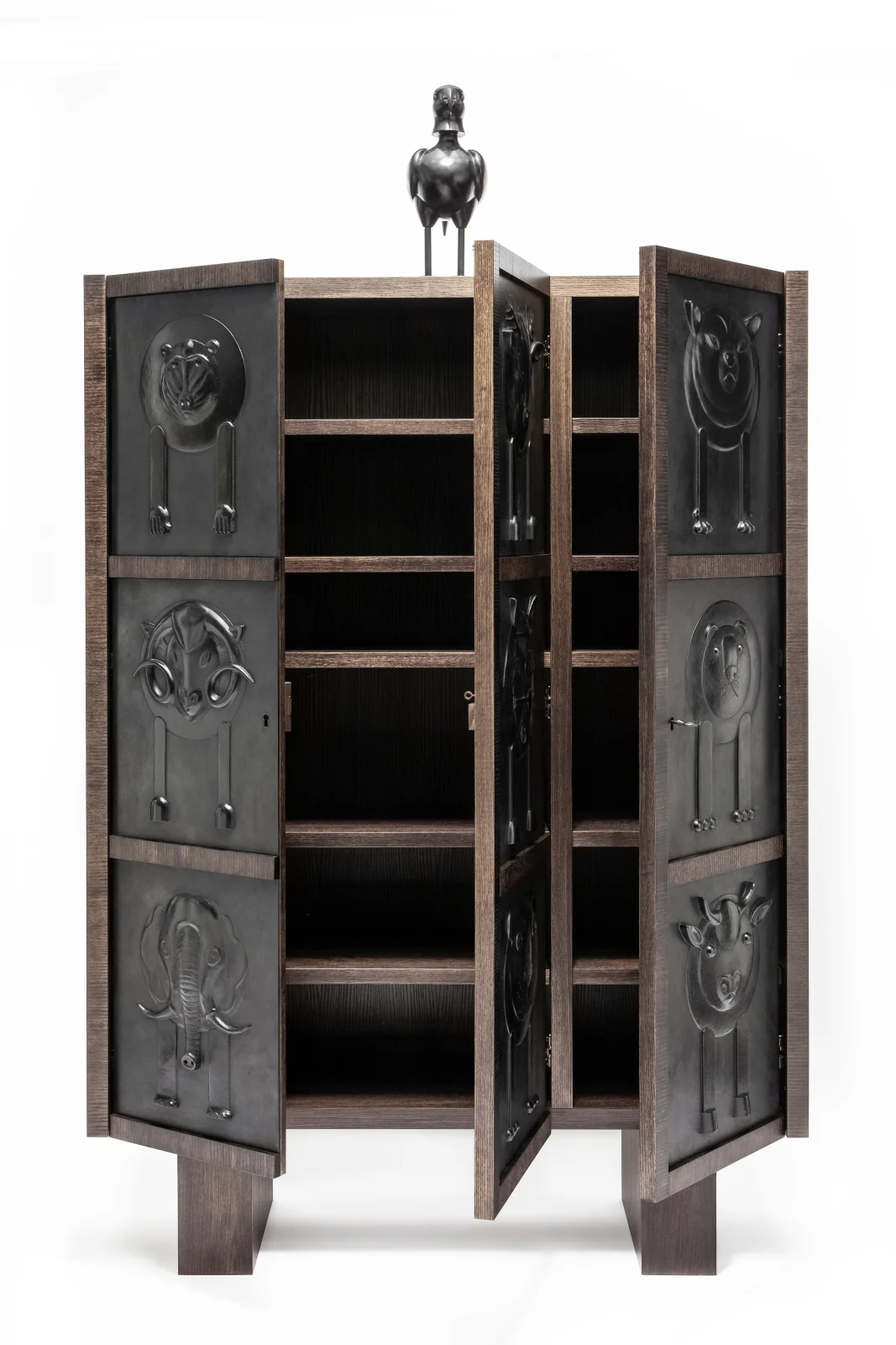 Animal Motif Drawer Cabinet Dark Wood Metal Accents Decorative Storage Furniture