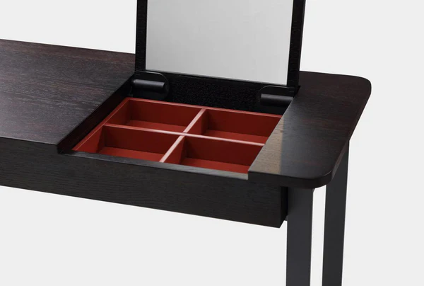 Dark Wood Vanity Desk with Lift-Up Mirror and Compartment Storage