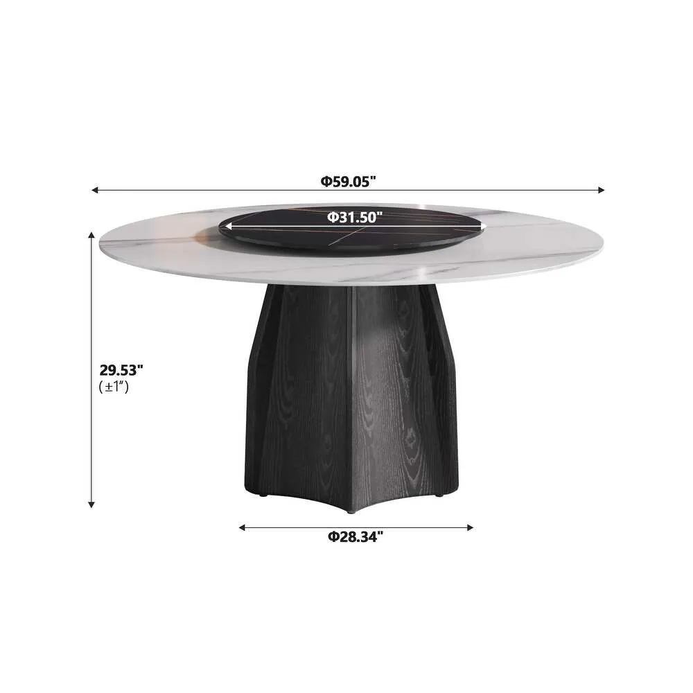 59.05” Modern Round Sintered Stone Table Top Black Wood Pedestal