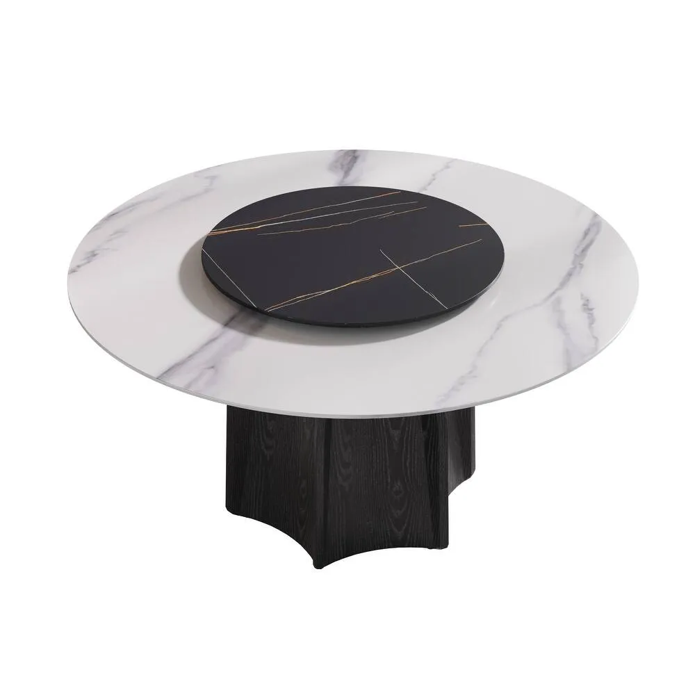 59.05” Modern Round Sintered Stone Table Top Black Wood Pedestal