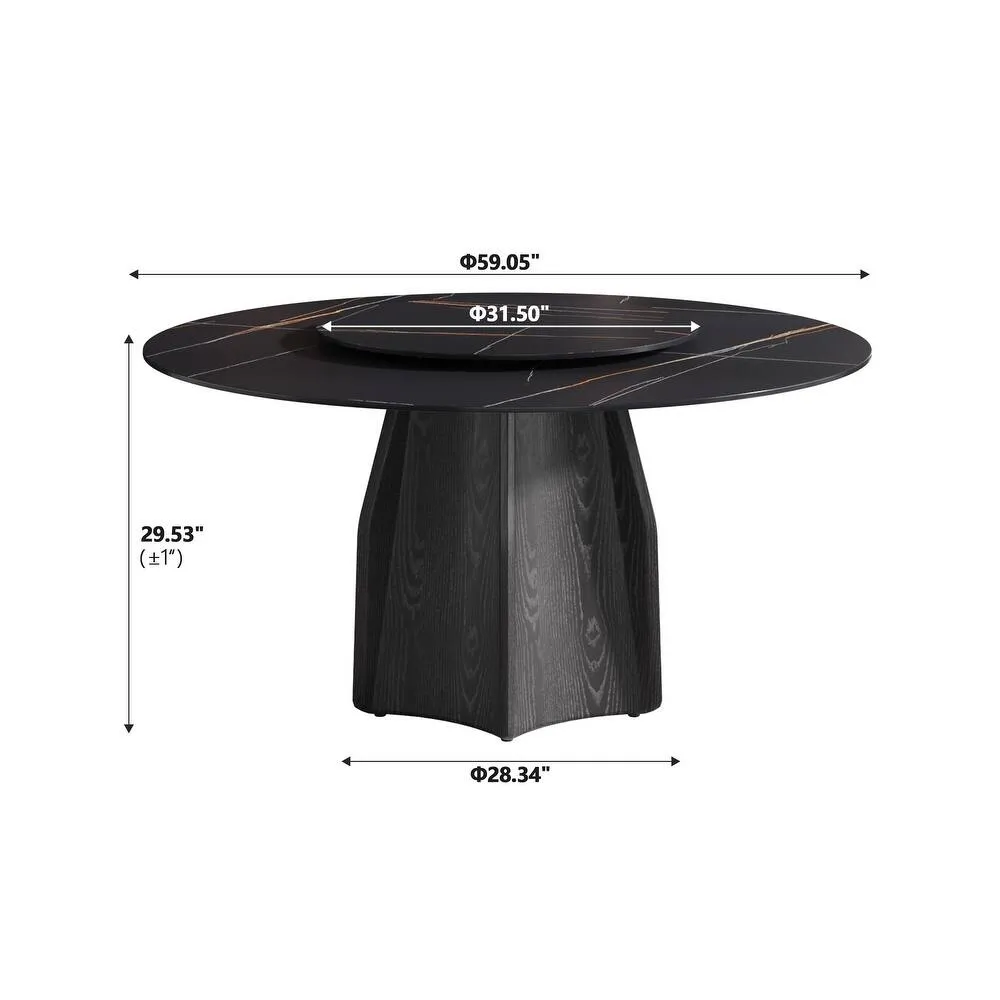 59.05” Modern Round Sintered Stone Table Top Black Wood Pedestal