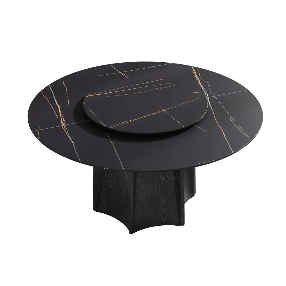 59.05” Modern Round Sintered Stone Table Top Black Wood Pedestal