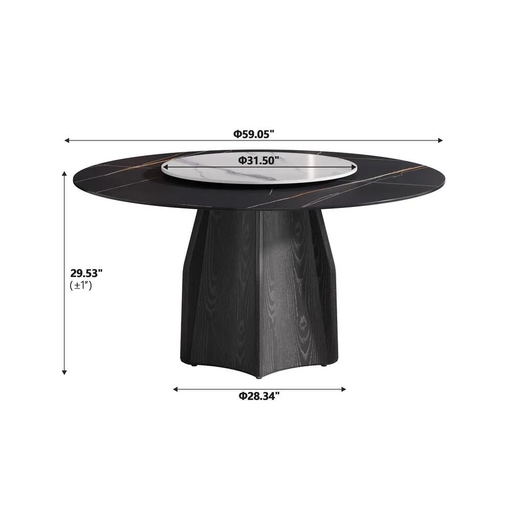 59.05” Modern Round Sintered Stone Table Top Black Wood Pedestal