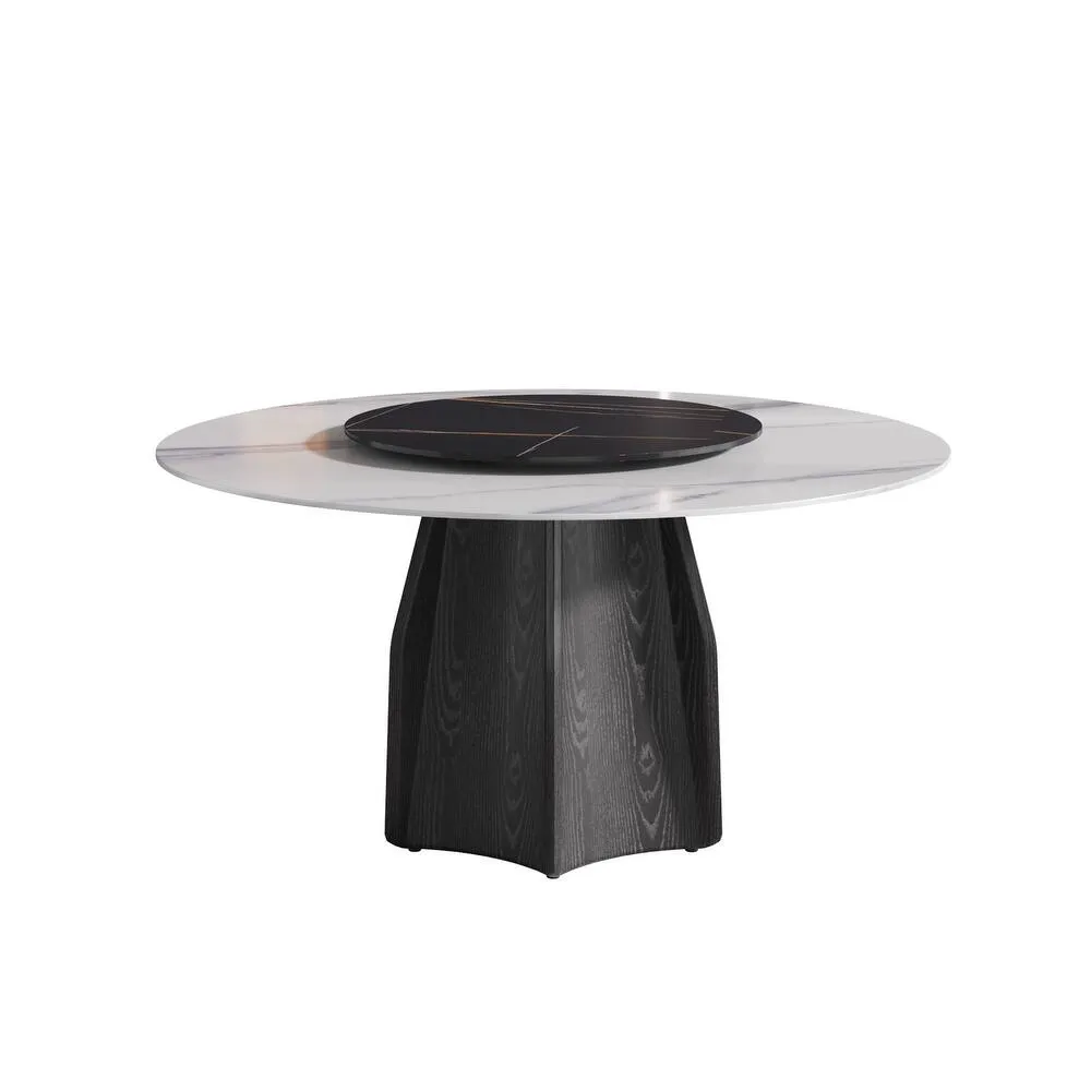 59.05'' Modern Round Sintered Stone Table Top Black Wood Pedestal