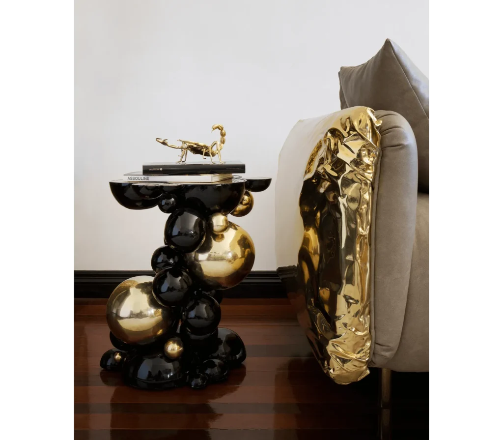 Black And Gold Bubble Design Side Table With Resin Finish