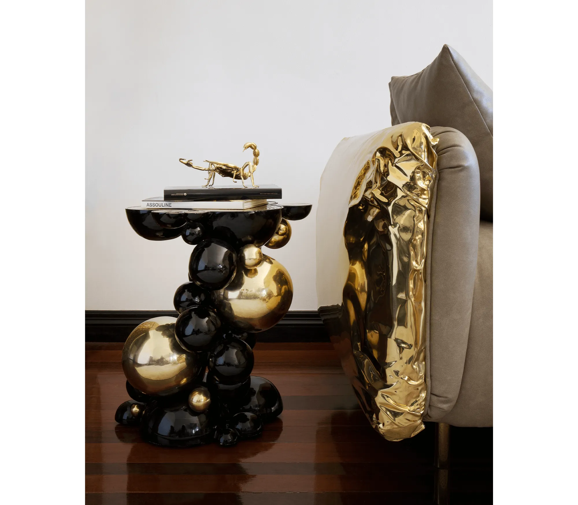 Black And Gold Bubble Design Side Table With Resin Finish