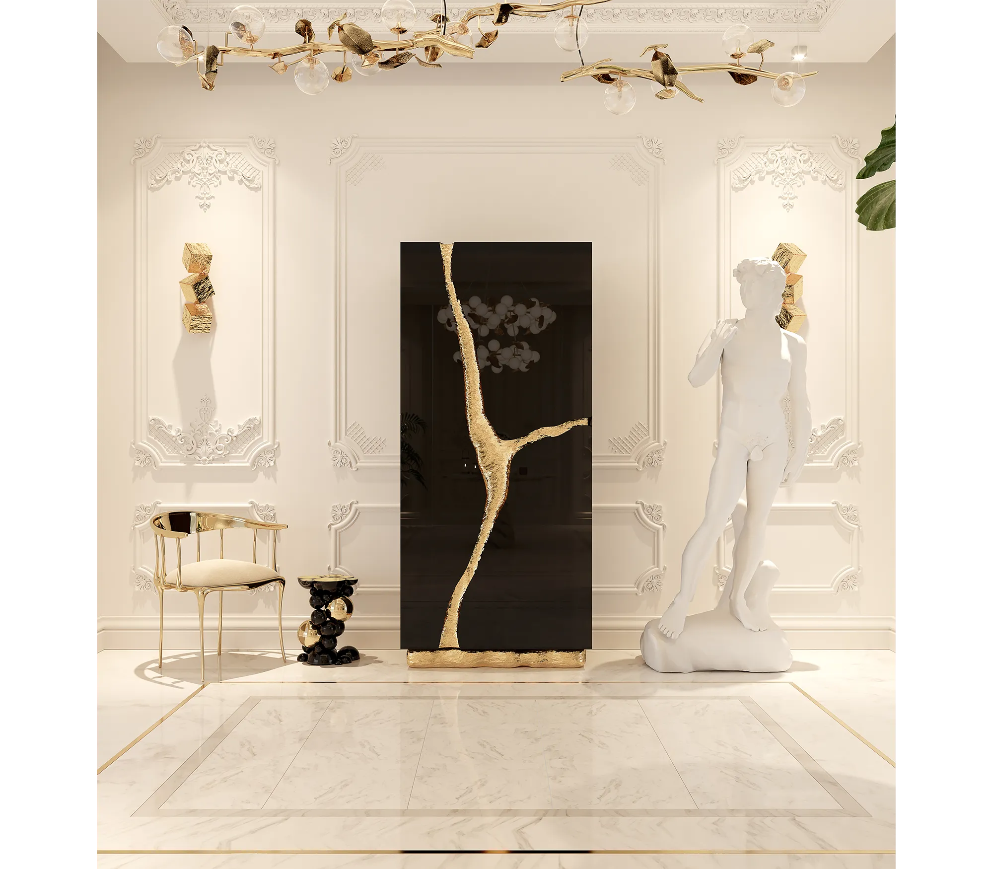 Black And Gold Bubble Design Side Table With Resin Finish