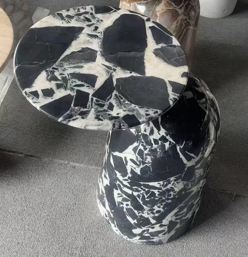 Black And White Marble Pattern Side Table With Asymmetric Top