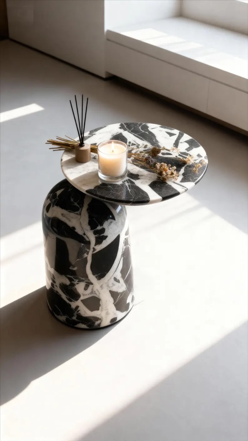 Black And White Marble Pattern Side Table With Asymmetric Top