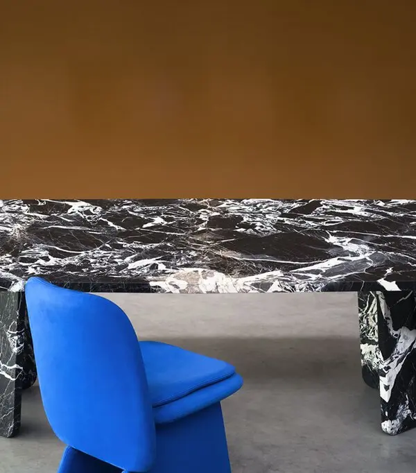 Black Veined Marble Rectangular Dining Table with Sculpted Legs