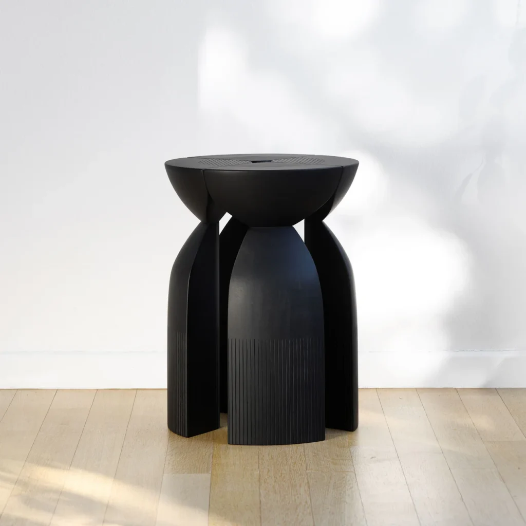 Black Wooden Round Ribbed Multi Leg Sculptural Side Table Stool