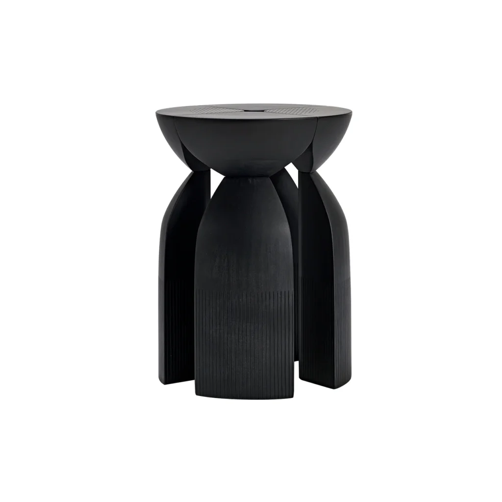 Black Wooden Round Ribbed Multi Leg Sculptural Side Table Stool
