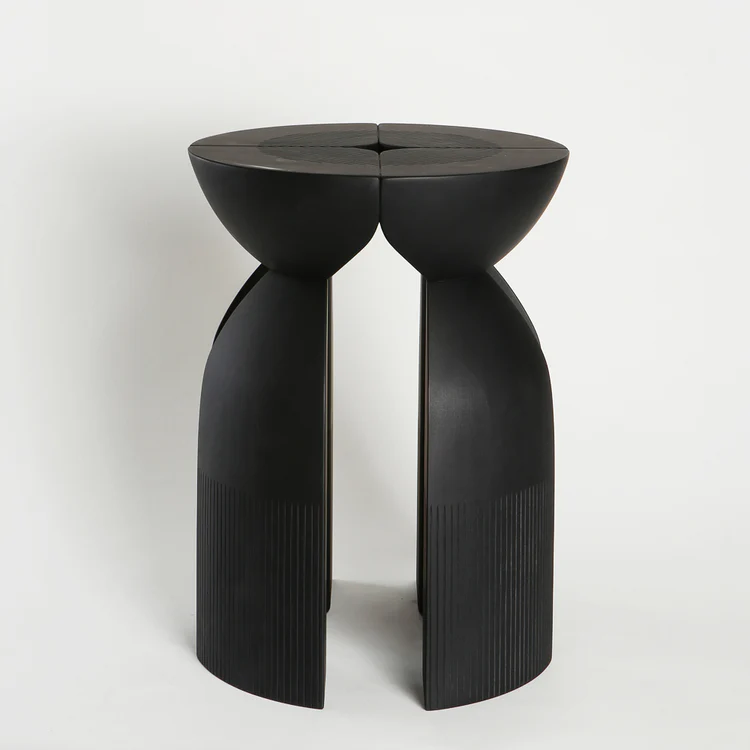 Black Wooden Round Ribbed Multi Leg Sculptural Side Table Stool
