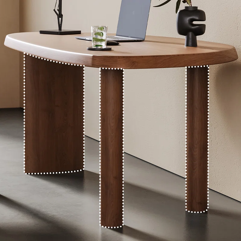 Natural Walnut Wood Oval Office Desk with Asymmetric Legs