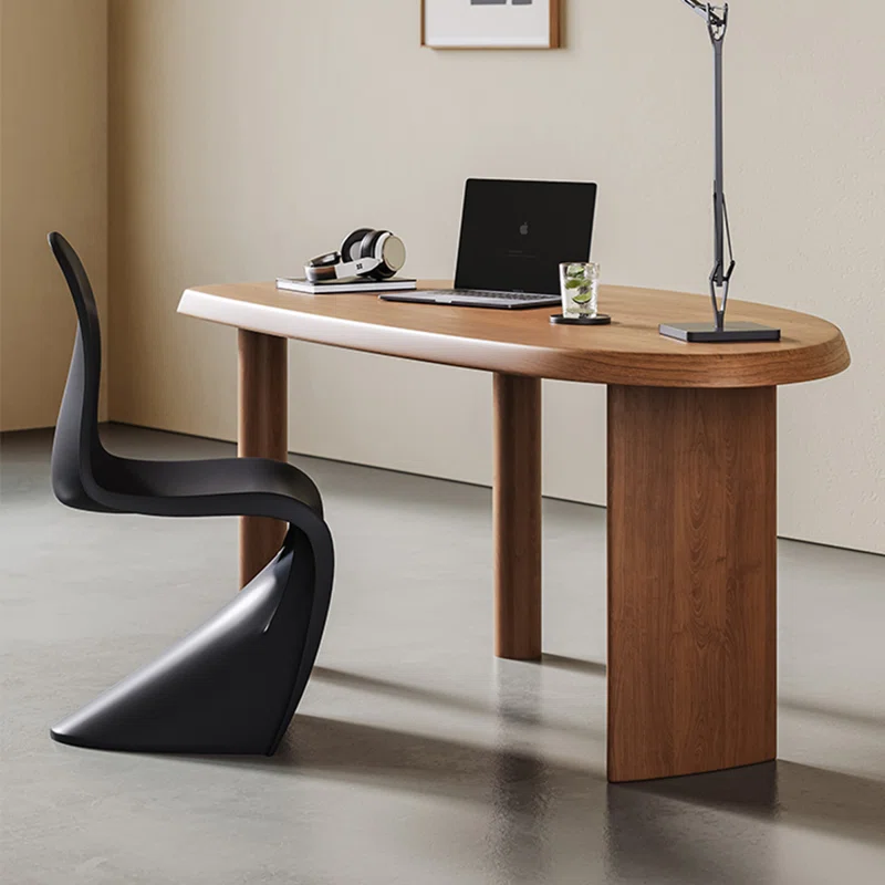 Natural Walnut Wood Oval Office Desk with Asymmetric Legs