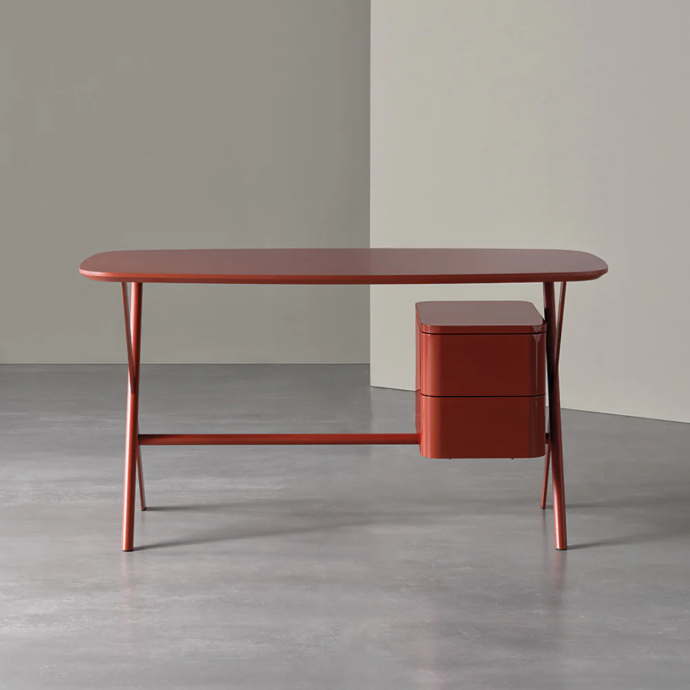 Modern Glossy Burgundy Office Desk with Drawer Storage