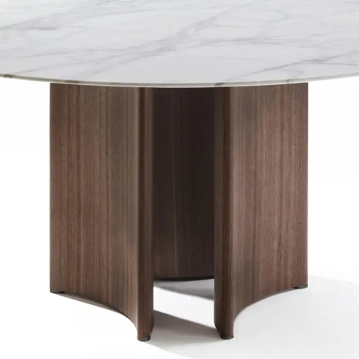 Marble Top Round Dining Table with Sculpted Wood Base