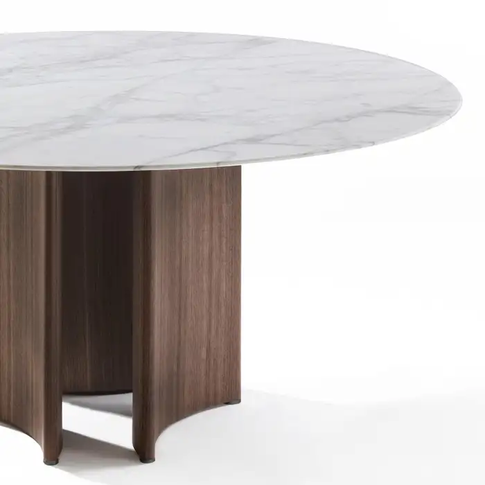 Marble Top Round Dining Table with Sculpted Wood Base