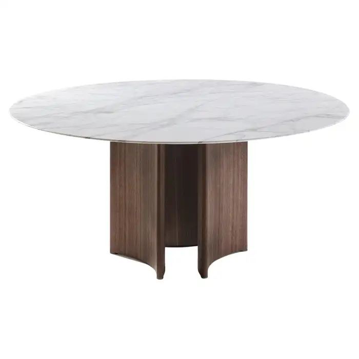 Marble Top Round Dining Table with Sculpted Wood Base