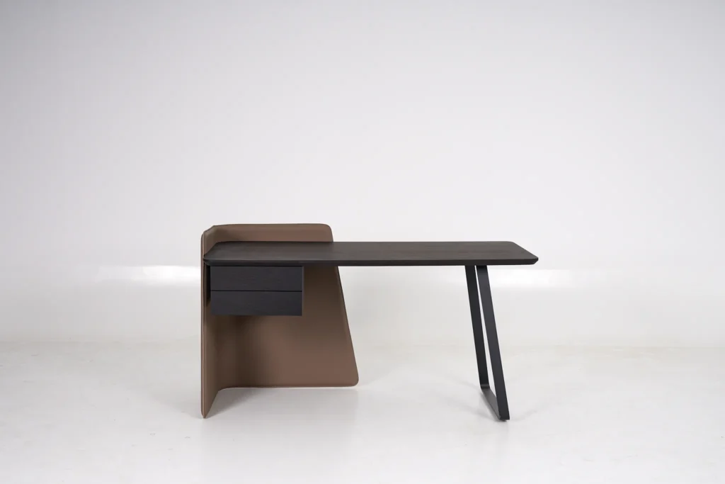 Modern Asymmetric Wood And Leather Office Desk With Drawers