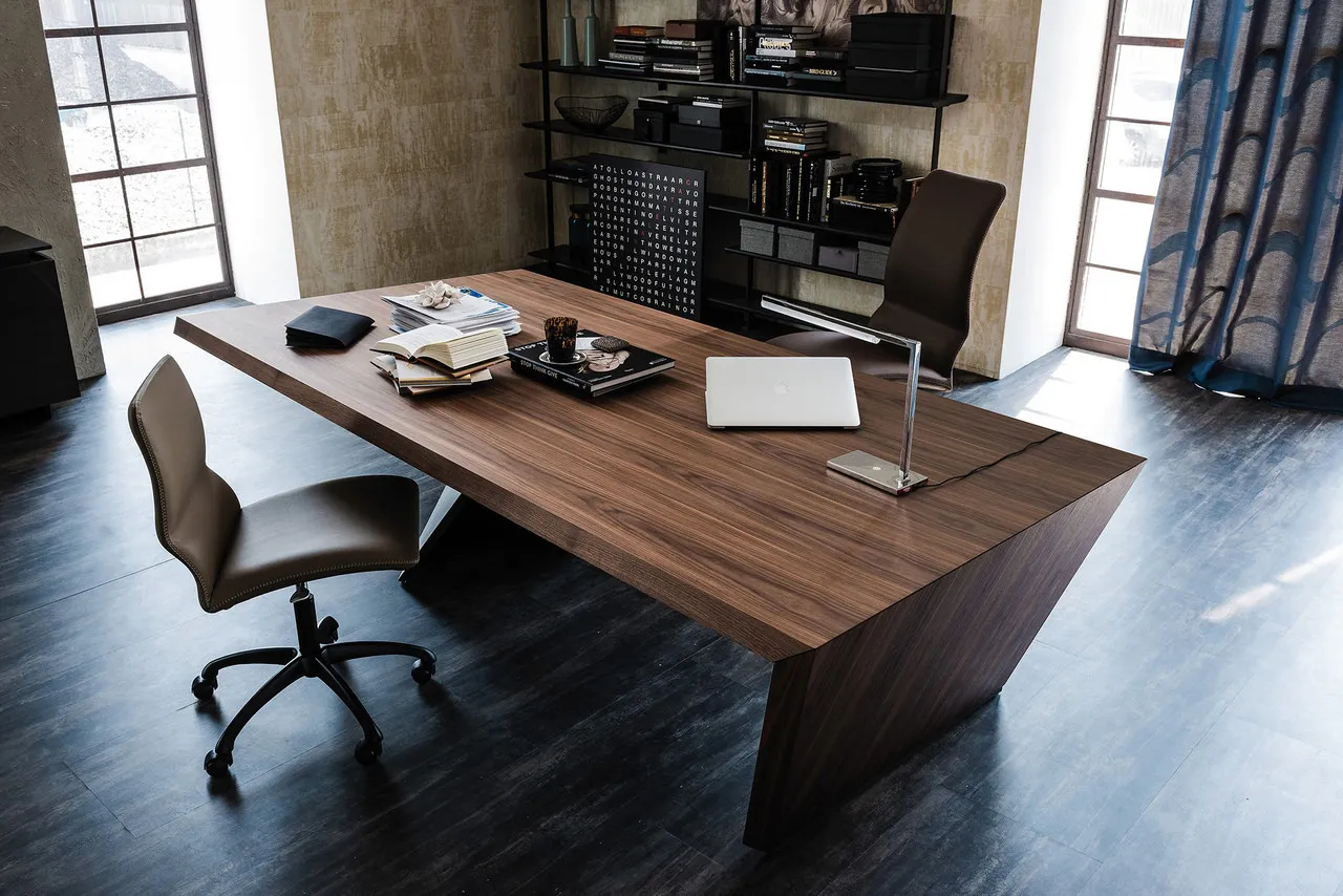 Modern Asymmetric Wood Desk with Integrated Storage