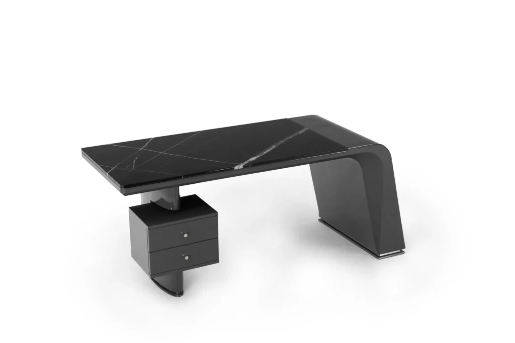 Modern Black Glass Marble Top Wood Base Office Desk With Drawer