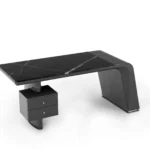 Modern Black Glass Marble Top Wood Base Office Desk With Drawer