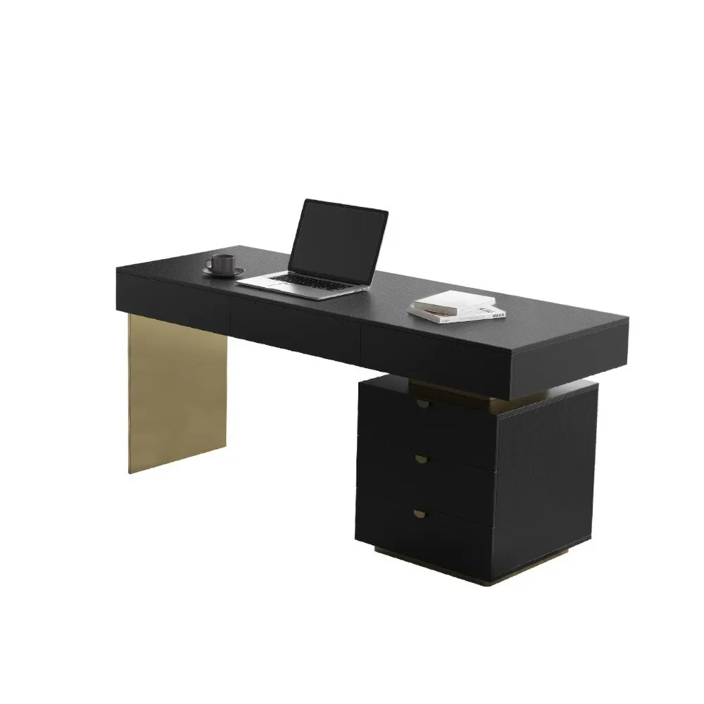 63″ Modern Black Office Computer Desk with 6 Drawer & Gold Leg