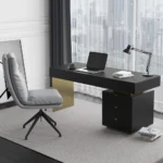 63″ Modern Black Office Computer Desk with 6 Drawer & Gold Leg