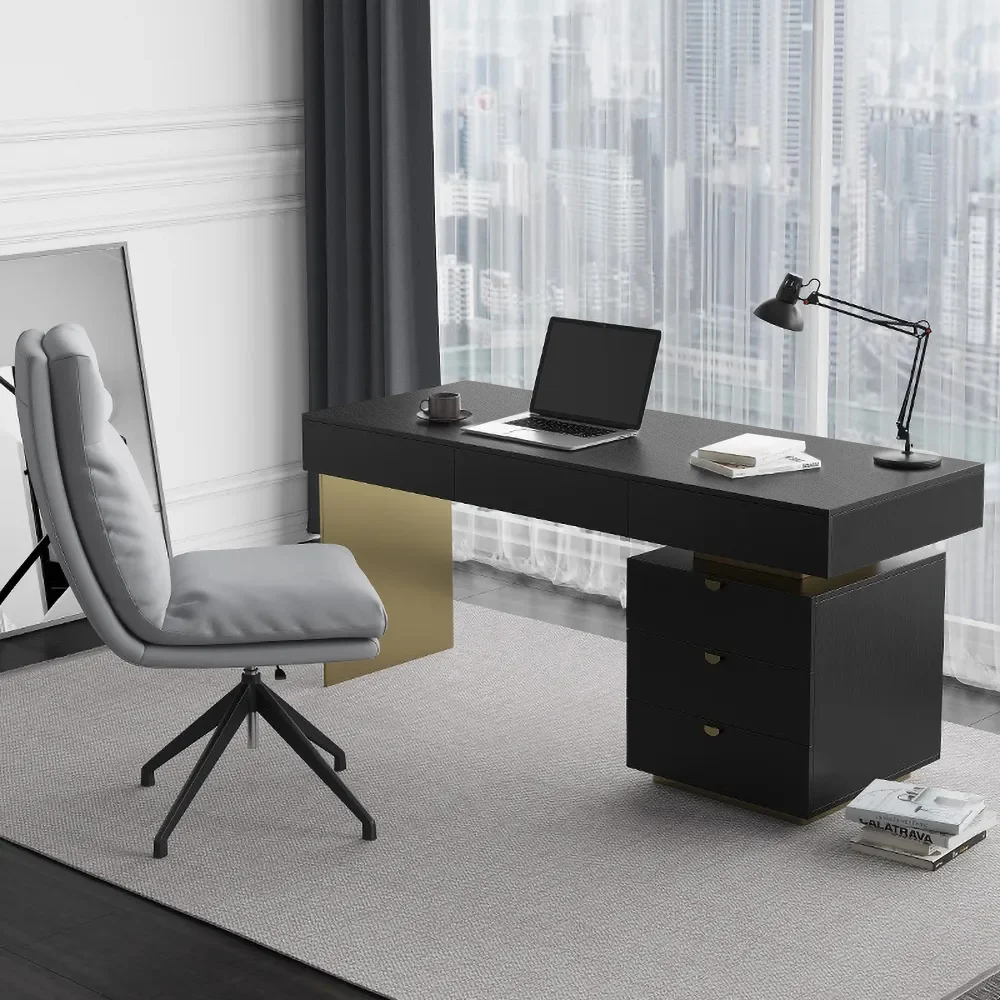 63″ Modern Black Office Computer Desk with 6 Drawer & Gold Leg