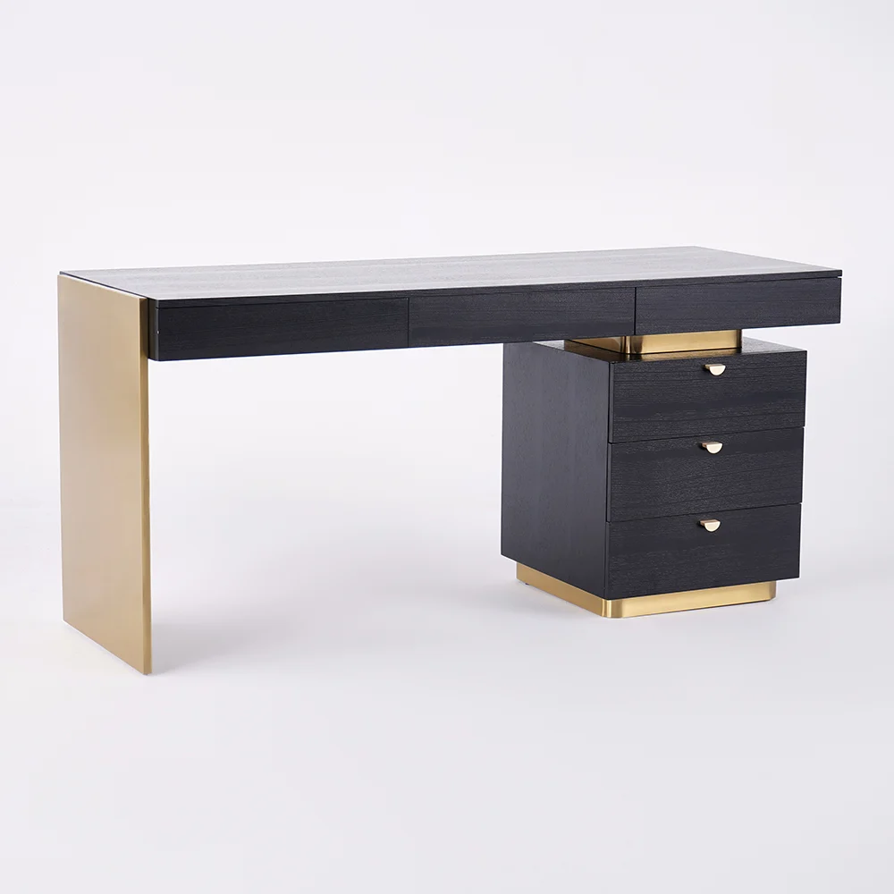 63″ Modern Black Office Computer Desk with 6 Drawer & Gold Leg