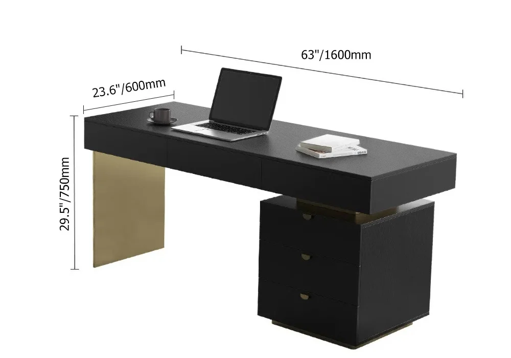 63″ Modern Black Office Computer Desk with 6 Drawer & Gold Leg