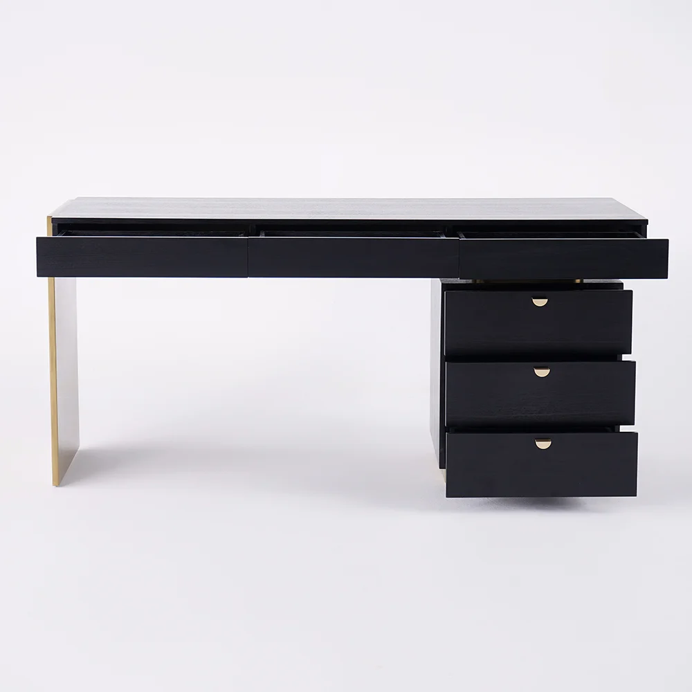 63″ Modern Black Office Computer Desk with 6 Drawer & Gold Leg